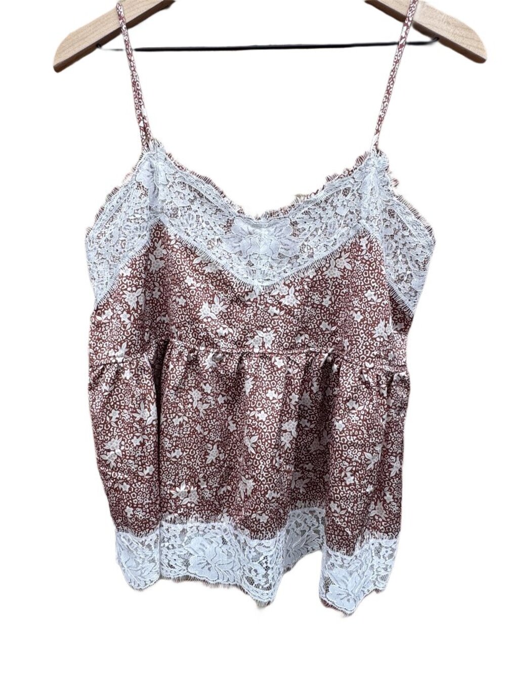 Bloomfield Babydoll Cami Top Med Brown Cream Lace Trim Romantic Cottagecore